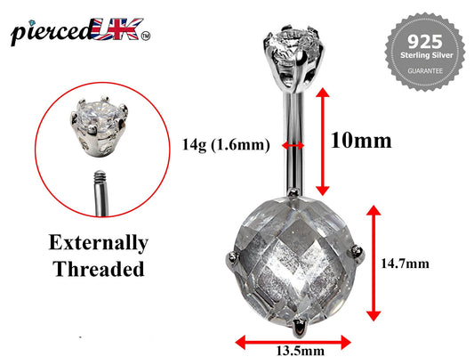 Silver Belly Bars, Belly Piercing - Designer Belly Ring with High Quality Oval CZ Crystals - Navel Jewelry - 16g (1.6mm) Length is 10mm