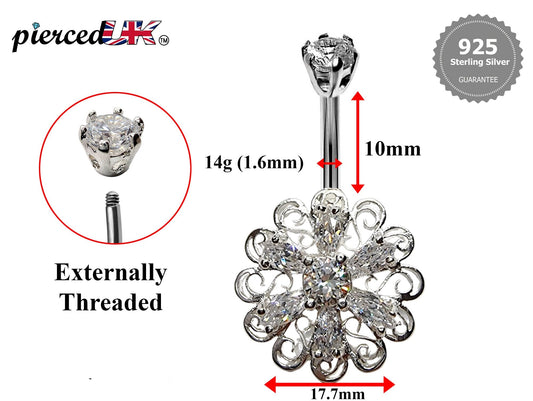 Silver Belly Button Piercing, Belly Bars - Unique Style Belly Ring with High Quality CZ Crystals - Navel Ring - 16g (1.6mm) Length is 10mm