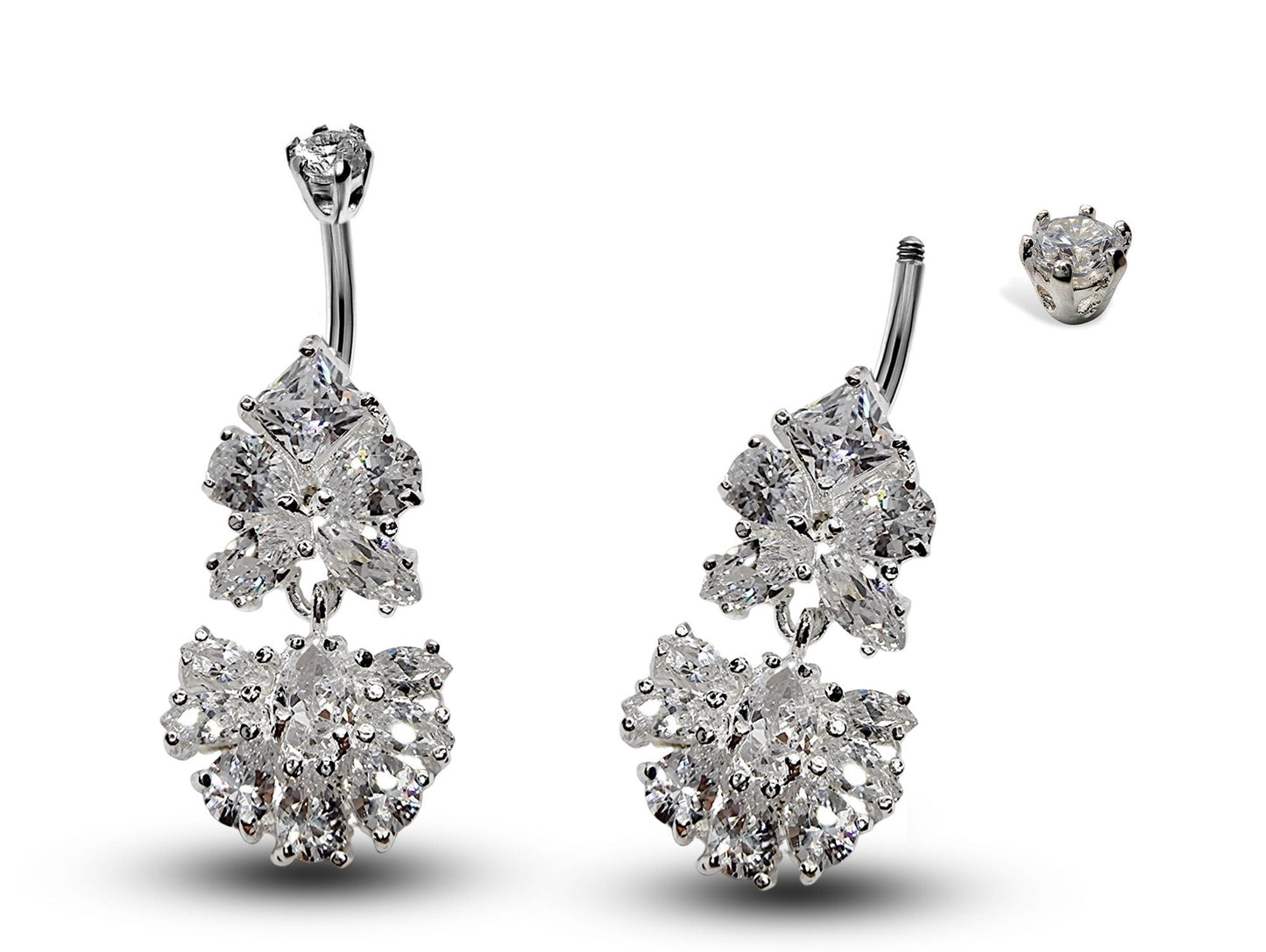 Silver Belly Button Ring, Navel Ring - Dangle Drop Belly Bar with High Quality CZ Crystals - Curved Barbell - 16g (1.6mm) Length is 10mm