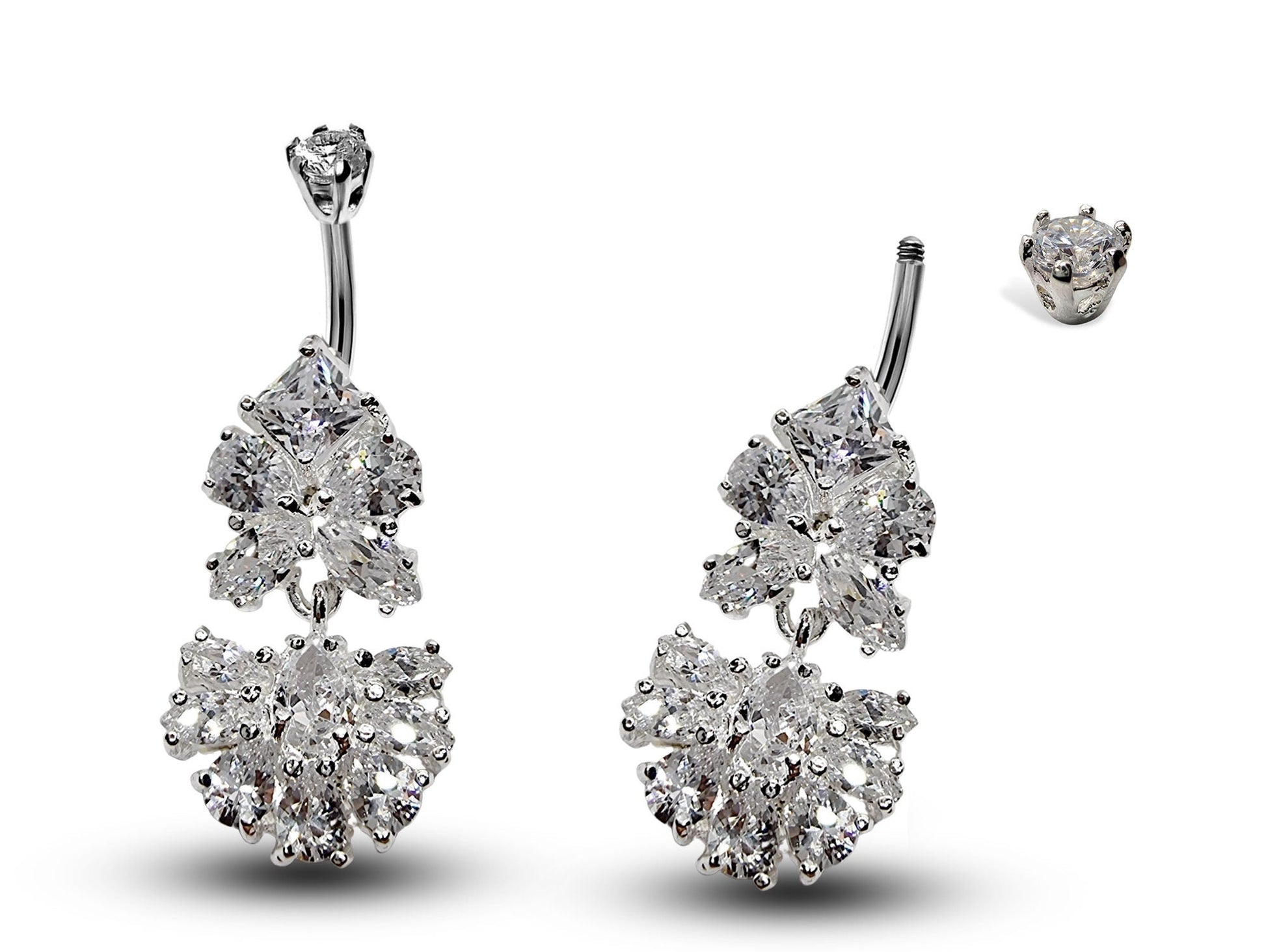Silver Belly Button Ring, Navel Ring - Dangle Drop Belly Bar with High Quality CZ Crystals - Curved Barbell - 16g (1.6mm) Length is 10mm