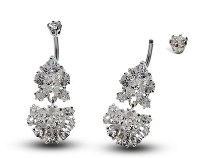Silver Belly Button Ring, Navel Ring - Dangle Drop Belly Bar with High Quality CZ Crystals - Curved Barbell - 16g (1.6mm) Length is 10mm