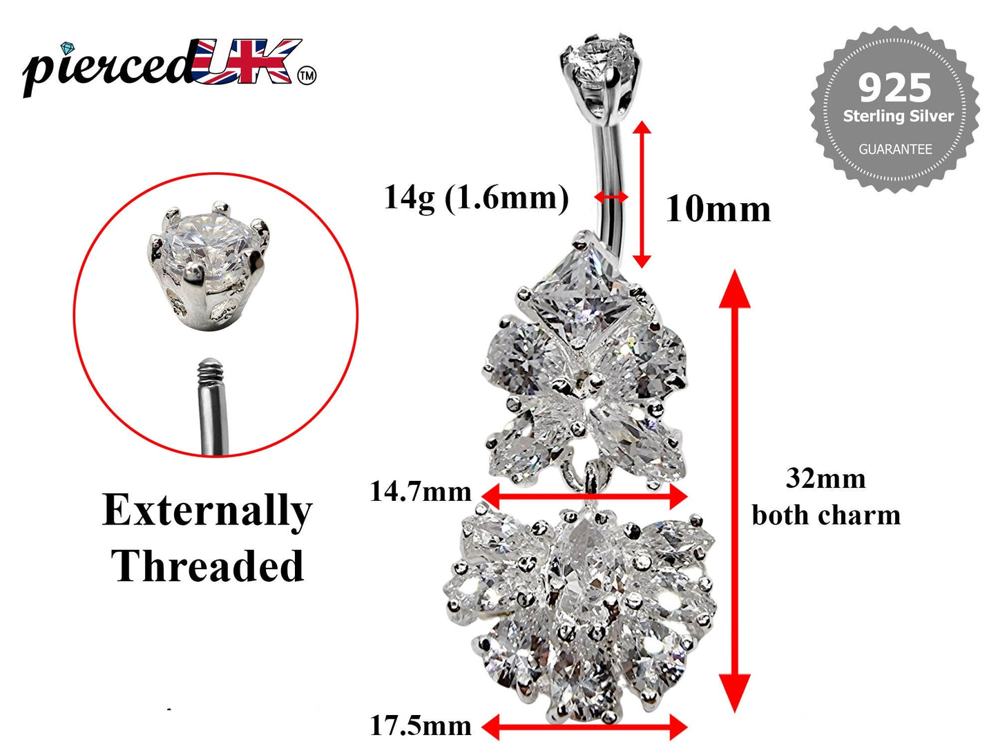 Silver Belly Button Ring, Navel Ring - Dangle Drop Belly Bar with High Quality CZ Crystals - Curved Barbell - 16g (1.6mm) Length is 10mm