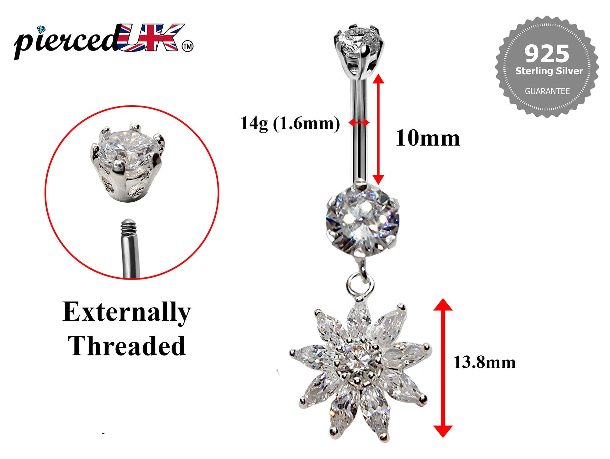 Silver Belly Bars, Navel Ring - Dangle Flower Belly Piercing with CZ Crystals - Navel Jewelry - 16g (1.6mm) Length is 10mm