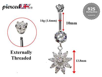 Silver Belly Bars, Navel Ring - Dangle Flower Belly Piercing with CZ Crystals - Navel Jewelry - 16g (1.6mm) Length is 10mm