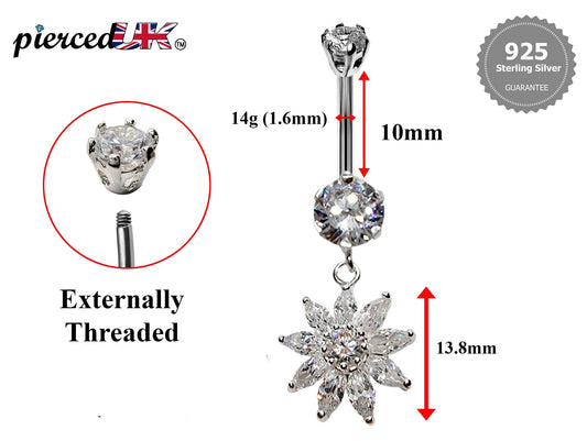 Silver Belly Bars, Navel Ring - Dangle Flower Belly Piercing with CZ Crystals - Navel Jewelry - 16g (1.6mm) Length is 10mm