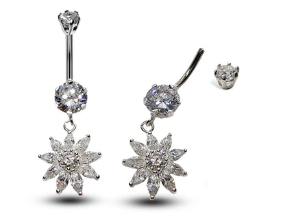 Silver Belly Bars, Navel Ring - Dangle Flower Belly Piercing with CZ Crystals - Navel Jewelry - 16g (1.6mm) Length is 10mm