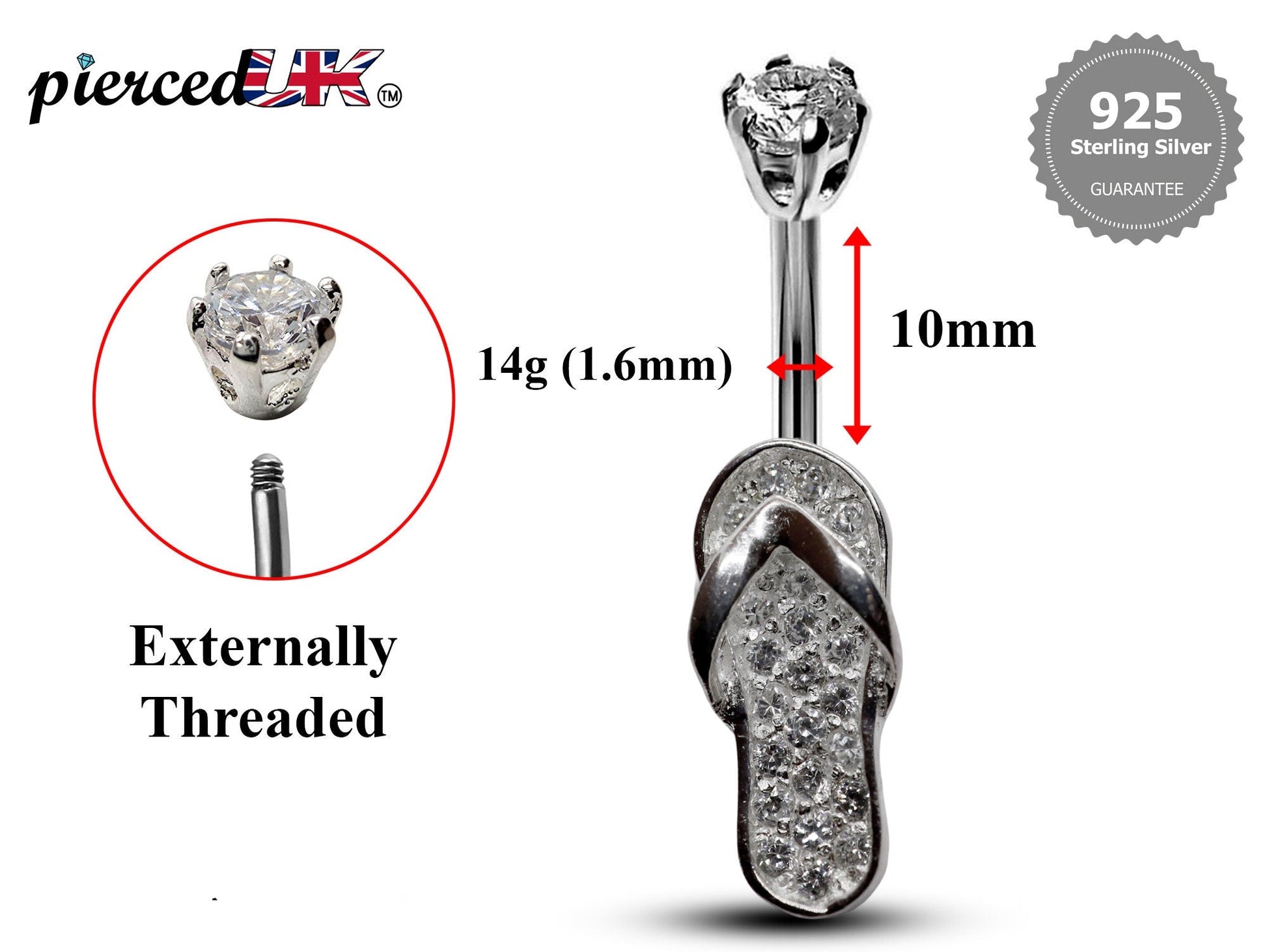 Silver Belly Button Rings, Navel Piercing - Flip Flop Belly Piercing with High Quality CZ Crystals -Navel Jewelry-16g (1.6mm) Length is 10mm