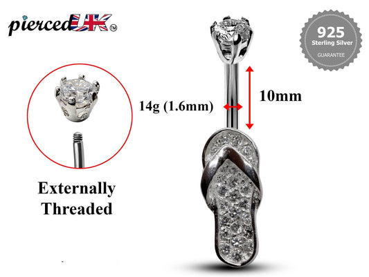 Silver Belly Button Rings, Navel Piercing - Flip Flop Belly Piercing with High Quality CZ Crystals -Navel Jewelry-16g (1.6mm) Length is 10mm