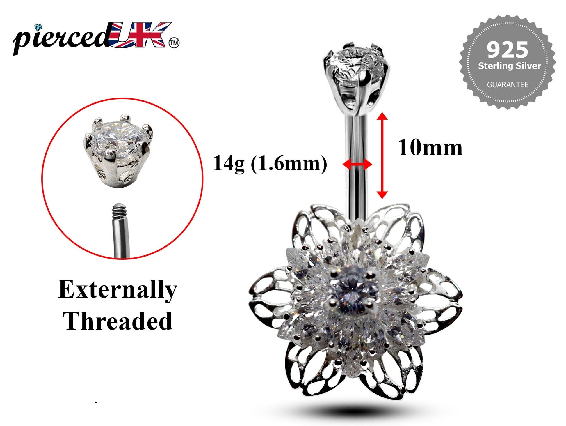 Silver Belly Button Piercing, Belly Bars - Flower Belly Ring with High Quality CZ Crystals - Navel Ring - 16g (1.6mm) Length is 10mm