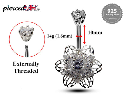 Silver Belly Button Piercing, Belly Bars - Flower Belly Ring with High Quality CZ Crystals - Navel Ring - 16g (1.6mm) Length is 10mm