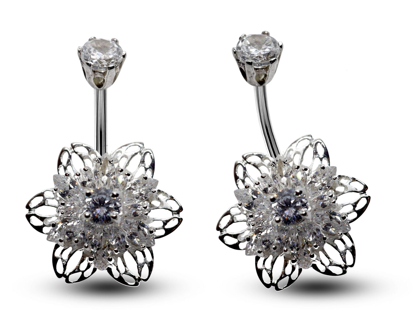 Silver Belly Button Piercing, Belly Bars - Flower Belly Ring with High Quality CZ Crystals - Navel Ring - 16g (1.6mm) Length is 10mm