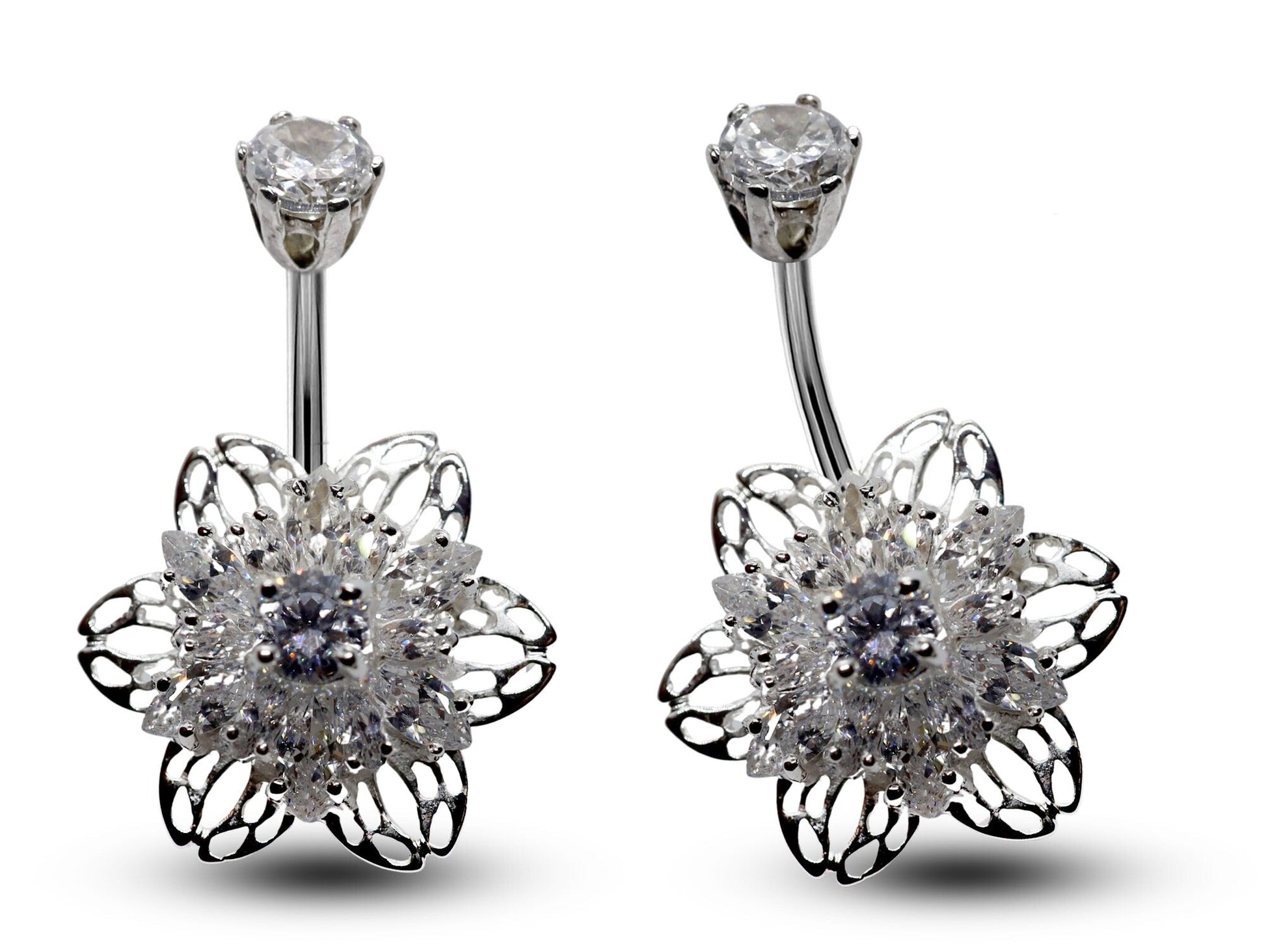 Silver Belly Button Piercing, Belly Bars - Flower Belly Ring with High Quality CZ Crystals - Navel Ring - 16g (1.6mm) Length is 10mm