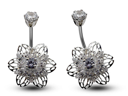 Silver Belly Button Piercing, Belly Bars - Flower Belly Ring with High Quality CZ Crystals - Navel Ring - 16g (1.6mm) Length is 10mm