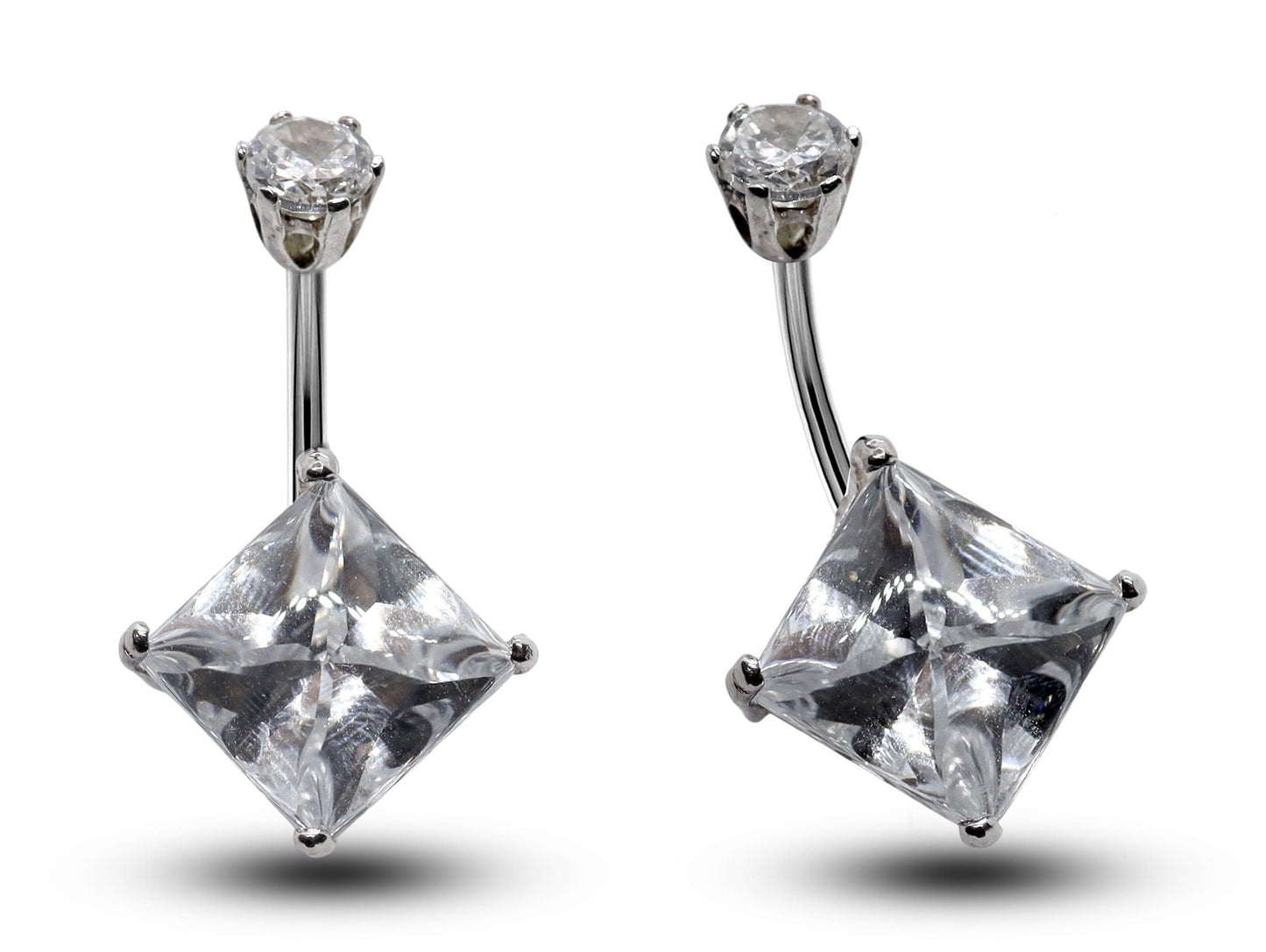 Silver Belly Bars, Belly Piercing - Diamond Shape Belly Ring with High Quality Oval CZ Crystals - Navel Jewelry - 16g (1.6mm) Length is 10mm