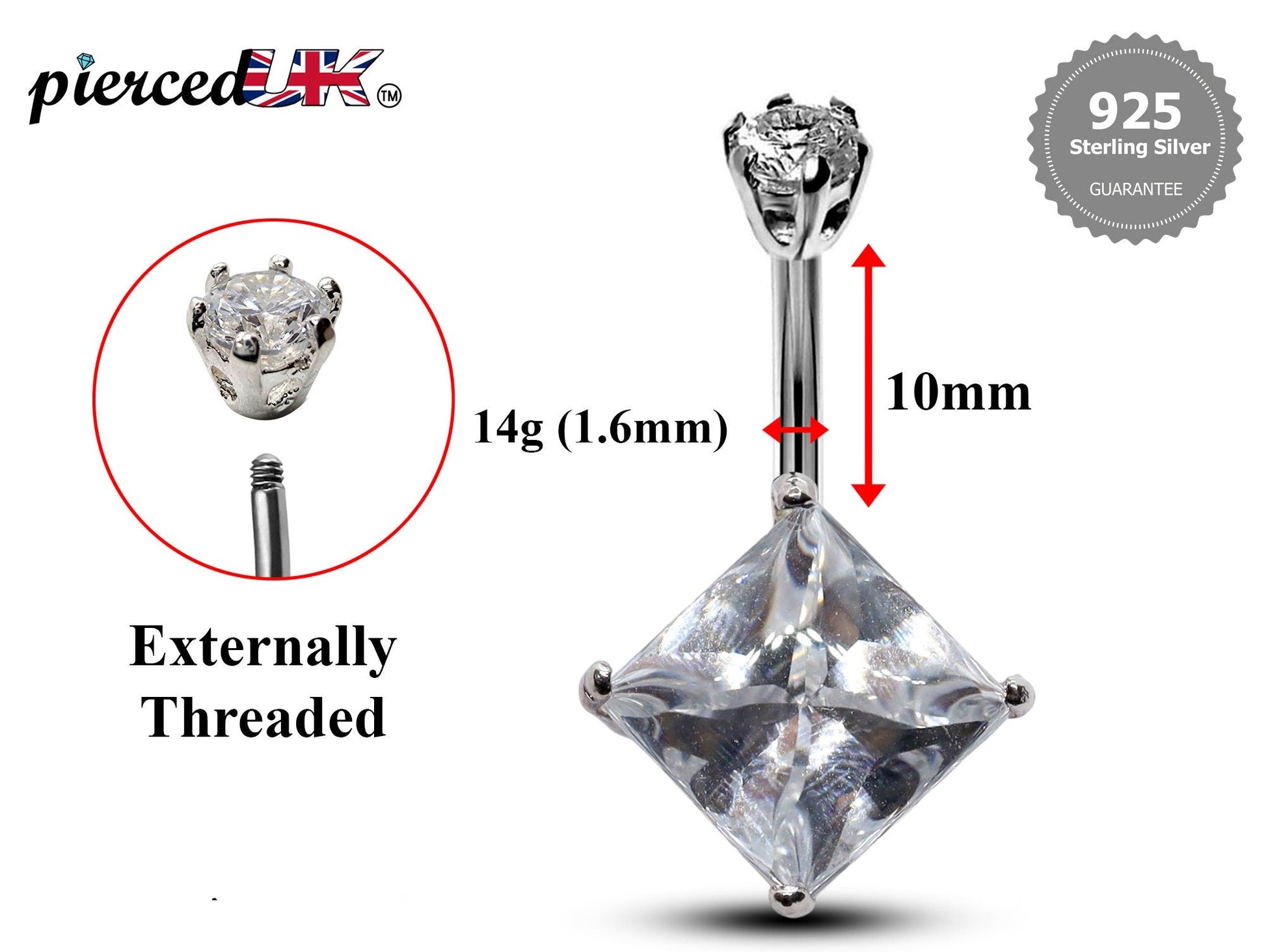 Silver Belly Bars, Belly Piercing - Diamond Shape Belly Ring with High Quality Oval CZ Crystals - Navel Jewelry - 16g (1.6mm) Length is 10mm