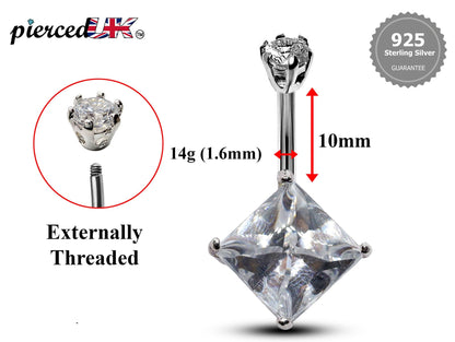 Silver Belly Bars, Belly Piercing - Diamond Shape Belly Ring with High Quality Oval CZ Crystals - Navel Jewelry - 16g (1.6mm) Length is 10mm