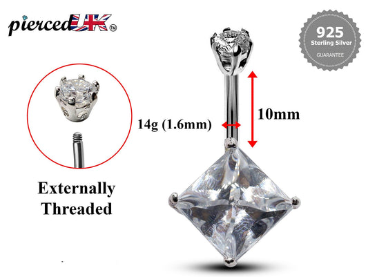Silver Belly Bars, Belly Piercing - Diamond Shape Belly Ring with High Quality Oval CZ Crystals - Navel Jewelry - 16g (1.6mm) Length is 10mm