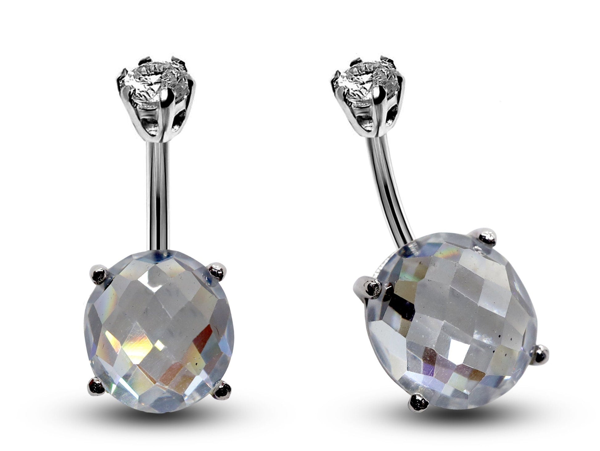 Silver Belly Button Piercing, Belly Bars - Diamond Cut Round Belly Ring with Quality CZ Crystals - Navel Ring - 16g (1.6mm) Length is 10mm