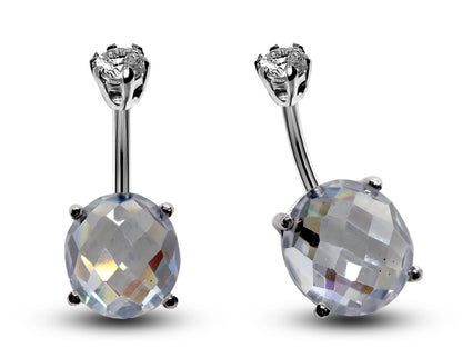Silver Belly Button Piercing, Belly Bars - Diamond Cut Round Belly Ring with Quality CZ Crystals - Navel Ring - 16g (1.6mm) Length is 10mm