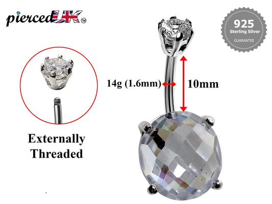 Silver Belly Button Piercing, Belly Bars - Diamond Cut Round Belly Ring with Quality CZ Crystals - Navel Ring - 16g (1.6mm) Length is 10mm