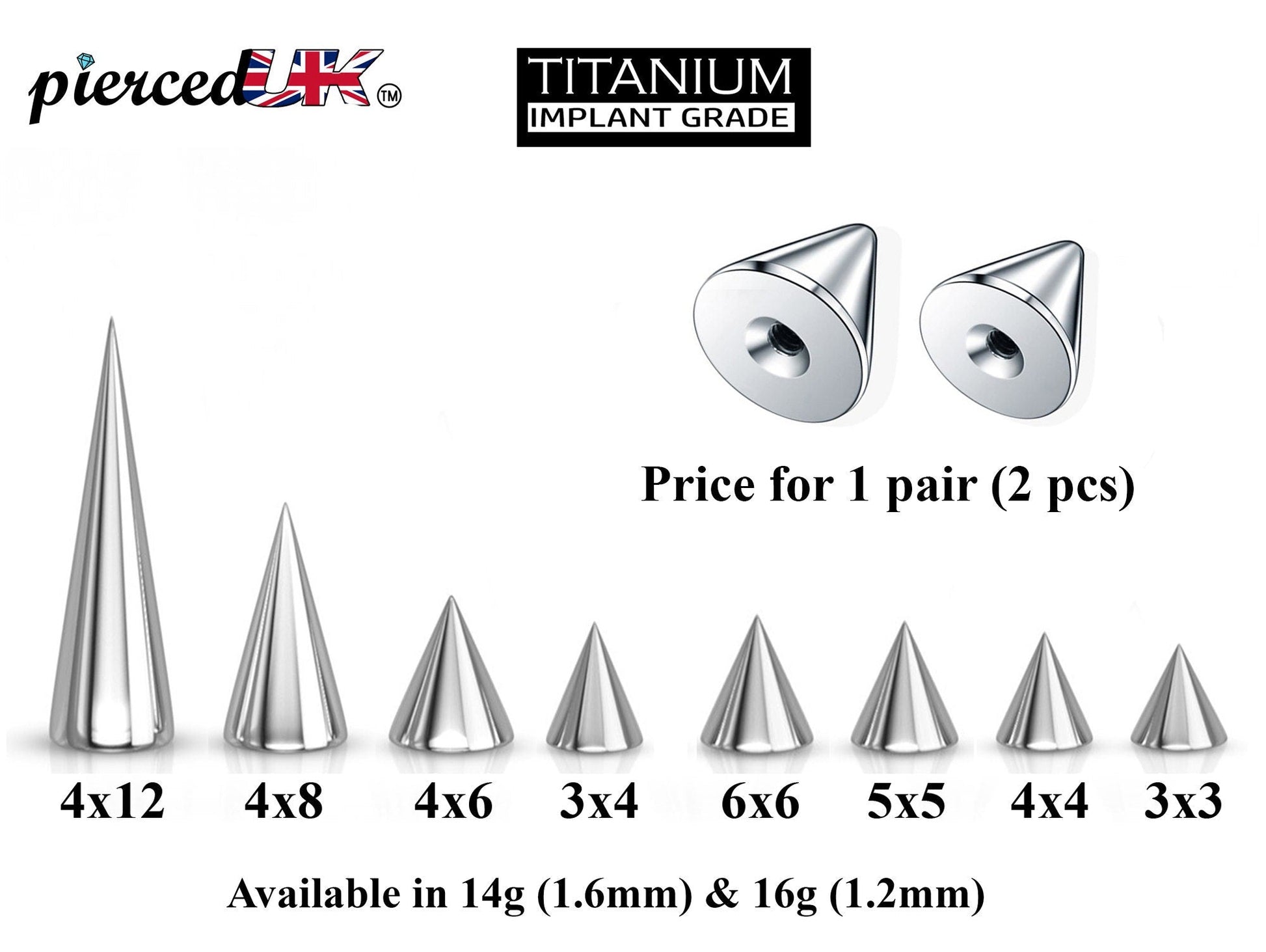 Titanium Spike Piercing: 16g/14g Cone Replacement Parts (Pair)