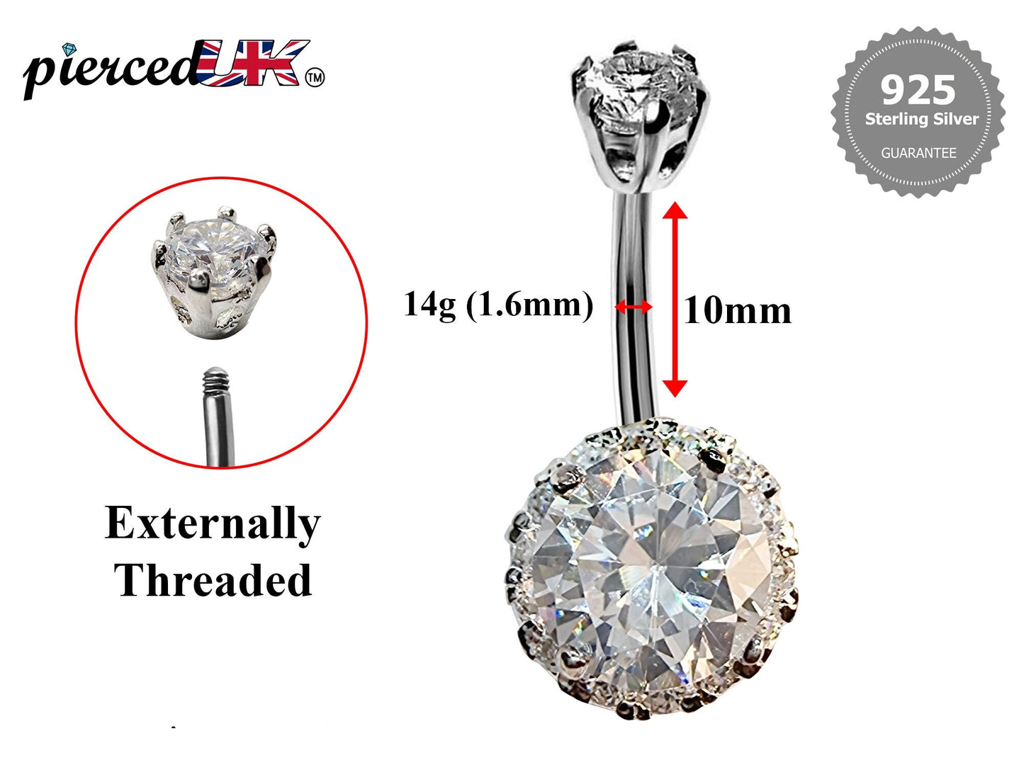 Silver Belly Button Piercing, Belly Bars - Round Belly Ring Studded with Quality CZ Crystals - Navel Ring - 16g (1.6mm) Length is 10mm