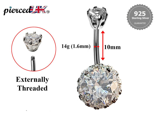 Silver Belly Button Piercing, Belly Bars - Round Belly Ring Studded with Quality CZ Crystals - Navel Ring - 16g (1.6mm) Length is 10mm