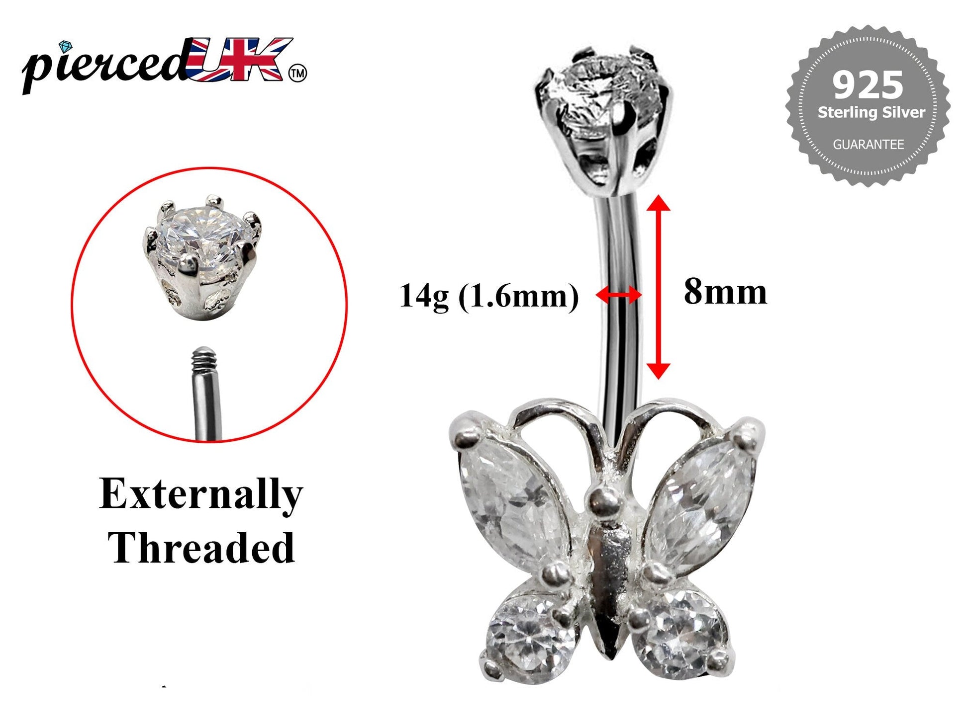Silver Belly Bars, Navel Ring - Butterfly Belly Ring with High Quality CZ Crystals - Curved Barbell - 16g (1.6mm) Length is 8mm