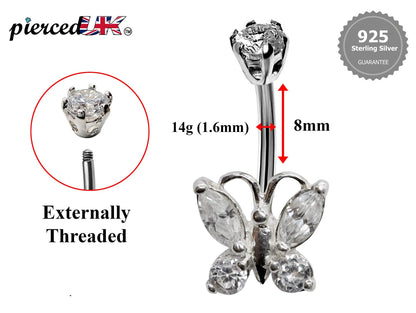 Silver Belly Bars, Navel Ring - Butterfly Belly Ring with High Quality CZ Crystals - Curved Barbell - 16g (1.6mm) Length is 8mm