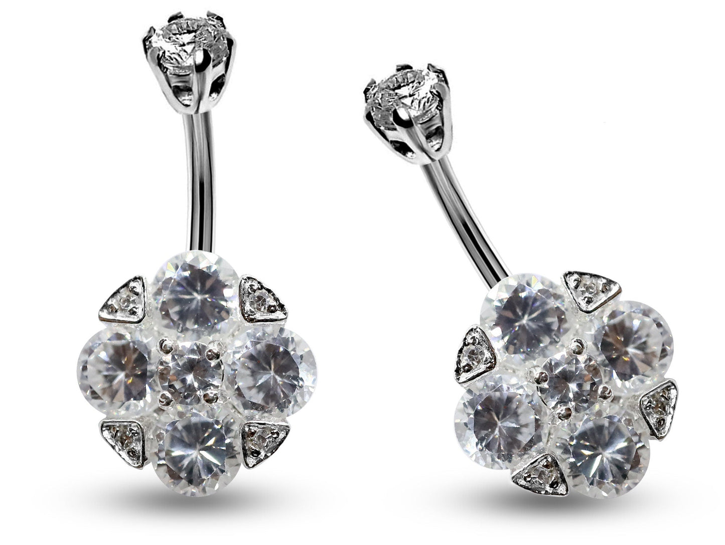 Silver Belly Bars, Belly Piercing - 4 Stones Belly Button Ring with High Quality CZ Crystals - Navel Jewelry - 16g (1.6mm) Length is 10mm