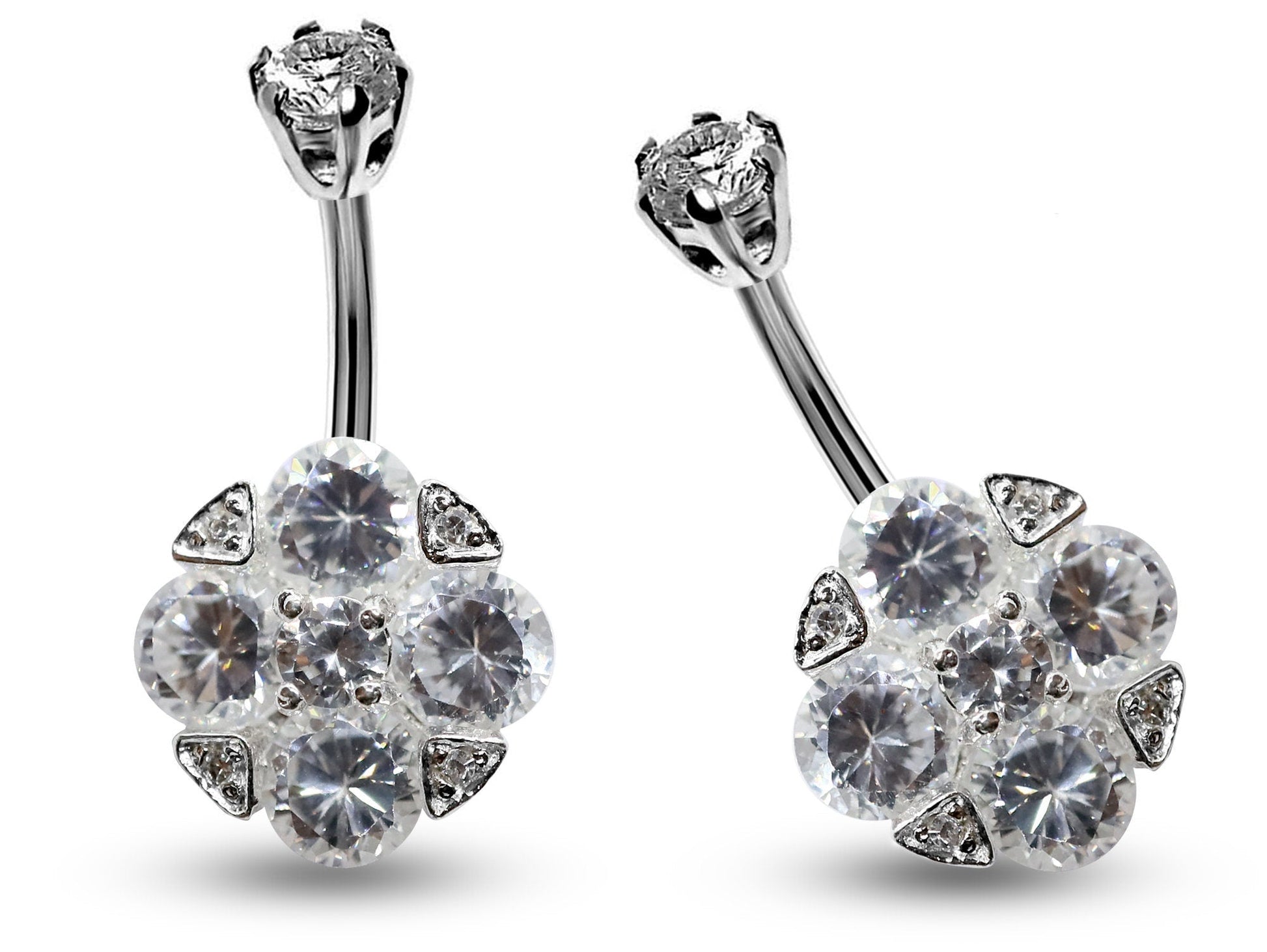 Silver Belly Bars, Belly Piercing - 4 Stones Belly Button Ring with High Quality CZ Crystals - Navel Jewelry - 16g (1.6mm) Length is 10mm