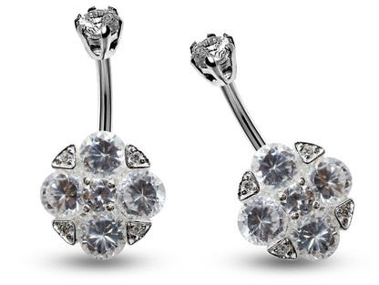 Silver Belly Bars, Belly Piercing - 4 Stones Belly Button Ring with High Quality CZ Crystals - Navel Jewelry - 16g (1.6mm) Length is 10mm