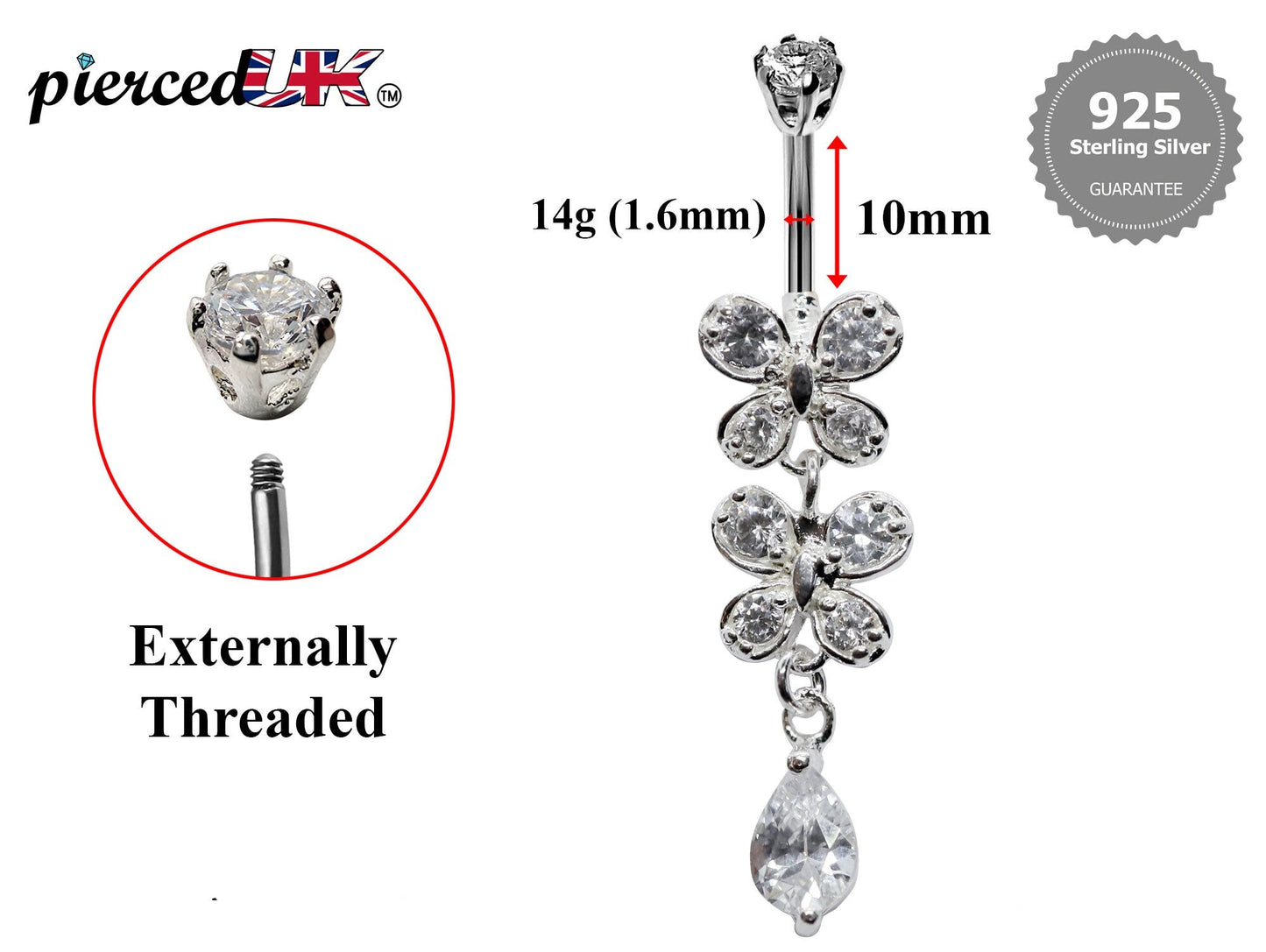 Butterfly Belly Button Rings, Navel Piercing Belly Piercing with High Quality Crystals Navel Jewelry 16g(1.6mm) Length is 10mm