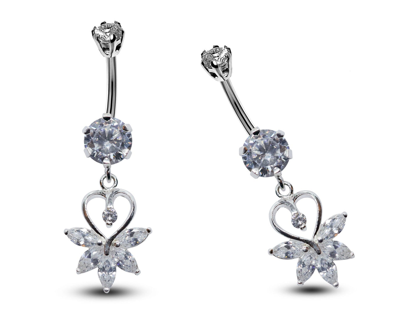 Silver Belly Button Piercing, Belly Bars - Heart Drop Belly Ring with Round Quality CZ Crystals - Navel Ring - 16g (1.6mm) Length is 10mm