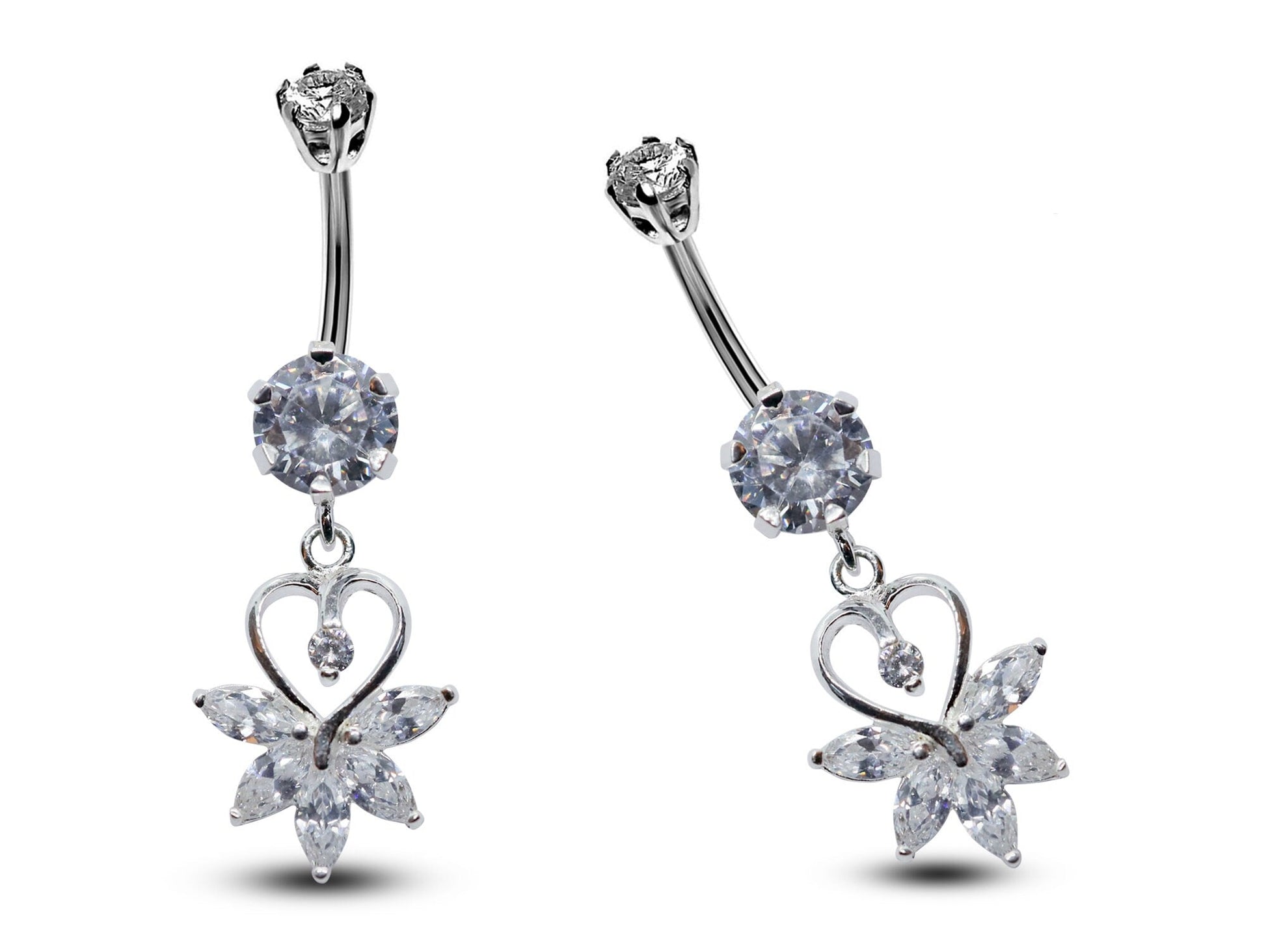 Silver Belly Button Piercing, Belly Bars - Heart Drop Belly Ring with Round Quality CZ Crystals - Navel Ring - 16g (1.6mm) Length is 10mm