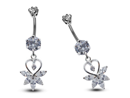 Silver Belly Button Piercing, Belly Bars - Heart Drop Belly Ring with Round Quality CZ Crystals - Navel Ring - 16g (1.6mm) Length is 10mm
