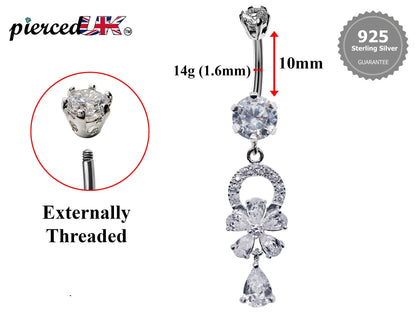 Flower Belly Bars, Navel Ring - Dangle Belly Piercing Floral with CZ Crystals - Navel Jewelry - 16g (1.6mm) Length is 10mm