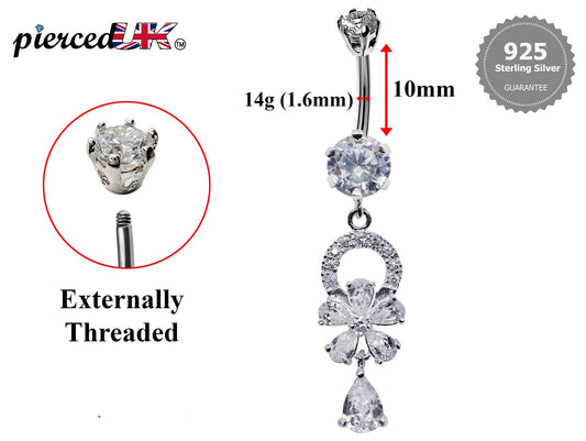 Flower Belly Bars, Navel Ring - Dangle Belly Piercing Floral with CZ Crystals - Navel Jewelry - 16g (1.6mm) Length is 10mm