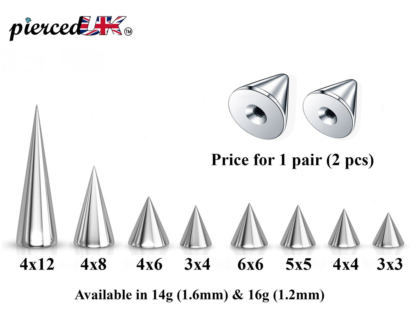 Surgical Steel Spike & Cone Piercing Parts: 16g/14g Barbell Attachment