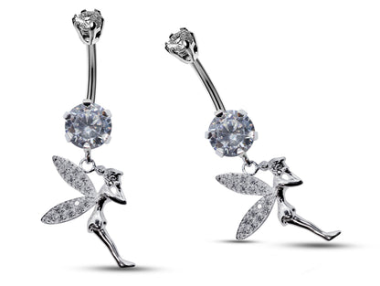 Silver Belly Button Piercing, Fairy Belly Bars - Pixie Belly Ring with Quality CZ Crystals - Navel Ring - 16g (1.6mm) Length is 10mm