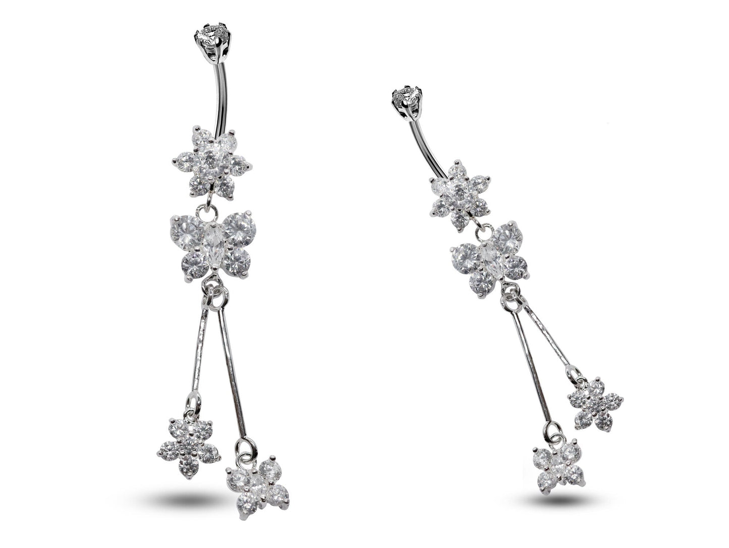 Silver Dangle Belly Button Ring, Belly Bars- Drop Butterfly and Flower Belly Ring with High Quality Crystals - Navel Ring - 16g (1.6mm)