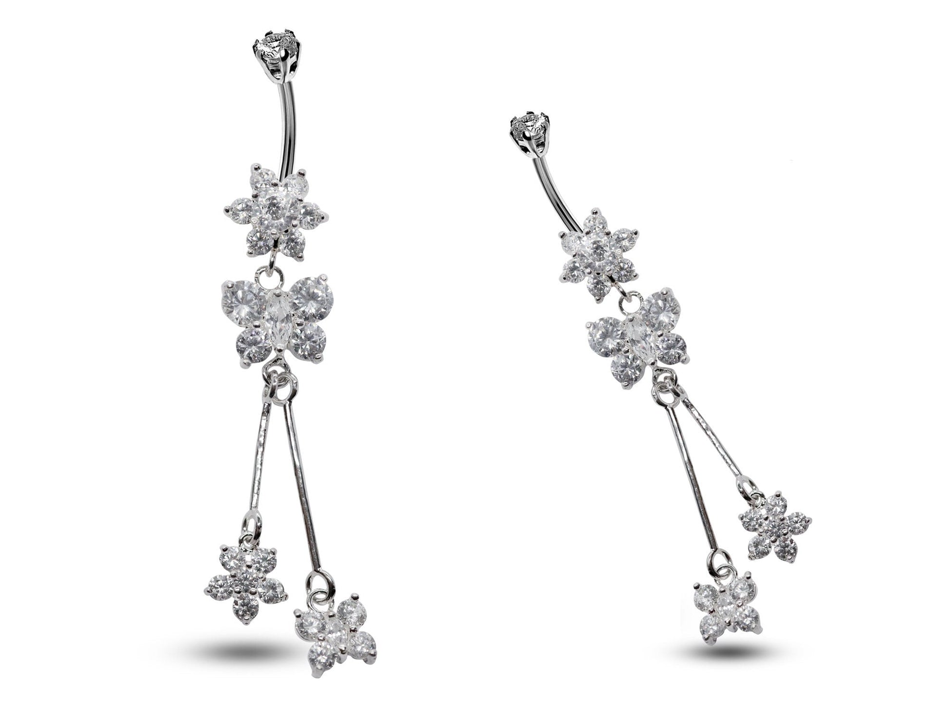 Silver Dangle Belly Button Ring, Belly Bars- Drop Butterfly and Flower Belly Ring with High Quality Crystals - Navel Ring - 16g (1.6mm)