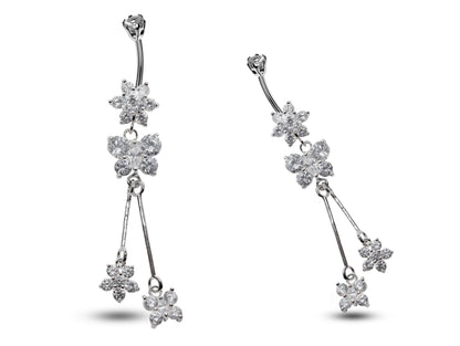 Silver Dangle Belly Button Ring, Belly Bars- Drop Butterfly and Flower Belly Ring with High Quality Crystals - Navel Ring - 16g (1.6mm)