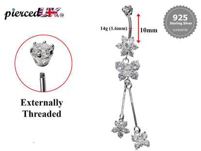 Silver Dangle Belly Button Ring, Belly Bars- Drop Butterfly and Flower Belly Ring with High Quality Crystals - Navel Ring - 16g (1.6mm)