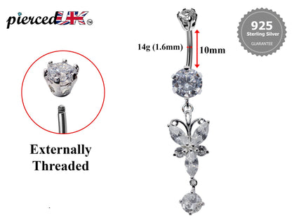 Butterfly Belly Button Rings, Dangle Navel Piercing Belly Piercing with High Quality Crystals Navel Jewelry 16g(1.6mm) Length is 10mm