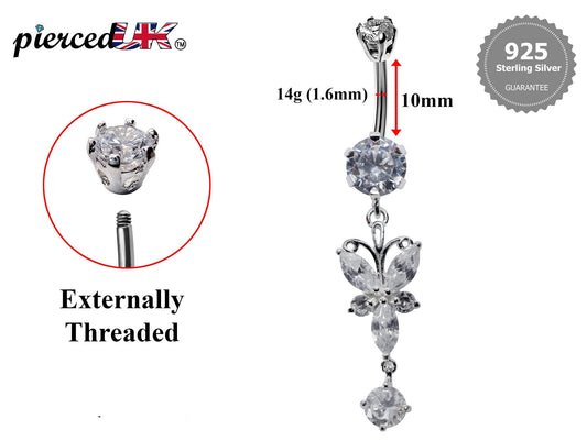 Butterfly Belly Button Rings, Dangle Navel Piercing Belly Piercing with High Quality Crystals Navel Jewelry 16g(1.6mm) Length is 10mm