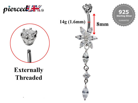 Silver Dangle Flower Belly Bars, Navel Ring - Drop Belly Ring with High Quality CZ Crystals - Curved Barbell - 16g (1.6mm) Length is 8mm