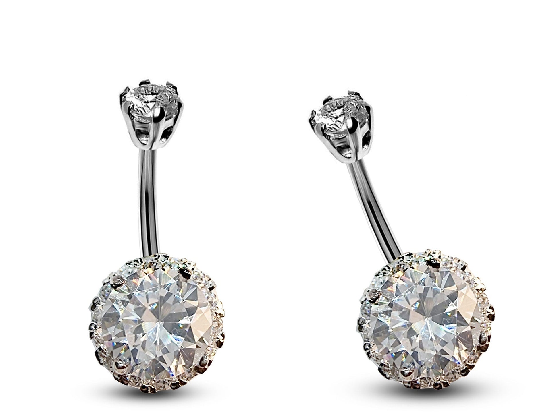 Silver Belly Button Piercing, Belly Bars - Round Belly Ring Studded with Quality CZ Crystals - Navel Ring - 16g (1.6mm) Length is 10mm