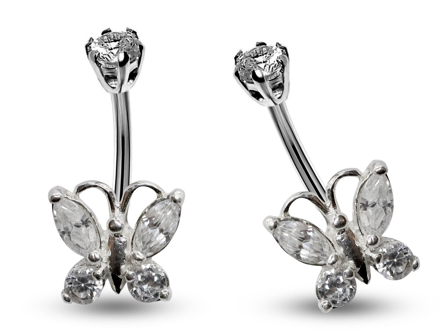 Silver Belly Bars, Navel Ring - Butterfly Belly Ring with High Quality CZ Crystals - Curved Barbell - 16g (1.6mm) Length is 8mm