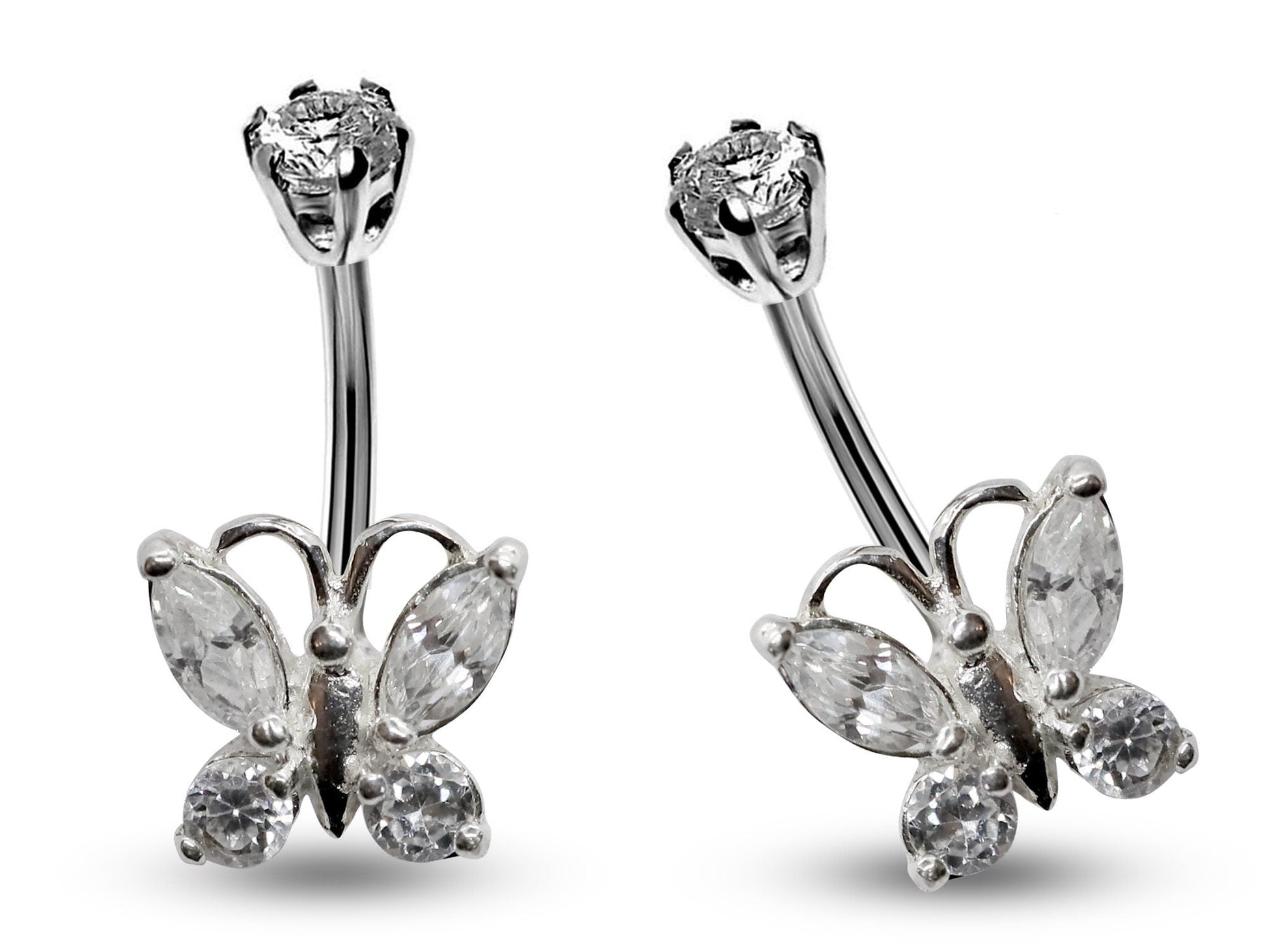 Silver Belly Bars, Navel Ring - Butterfly Belly Ring with High Quality CZ Crystals - Curved Barbell - 16g (1.6mm) Length is 8mm